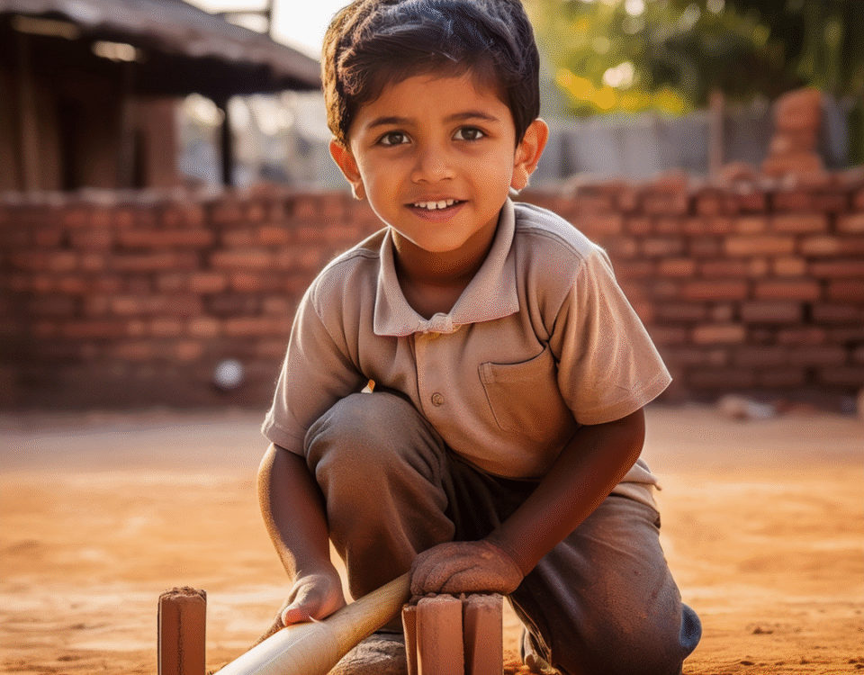 Child playing cricket in rural area