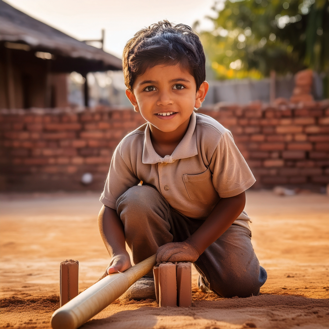 Child playing cricket in rural area