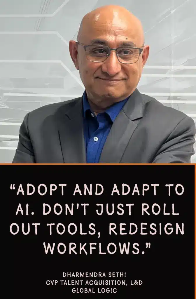 Dharmendra Sethi Business leader sharing insights on AI adoption, highlighting that 70% of companies train on AI, but only 19% see results. Emphasizes workflow redesign.