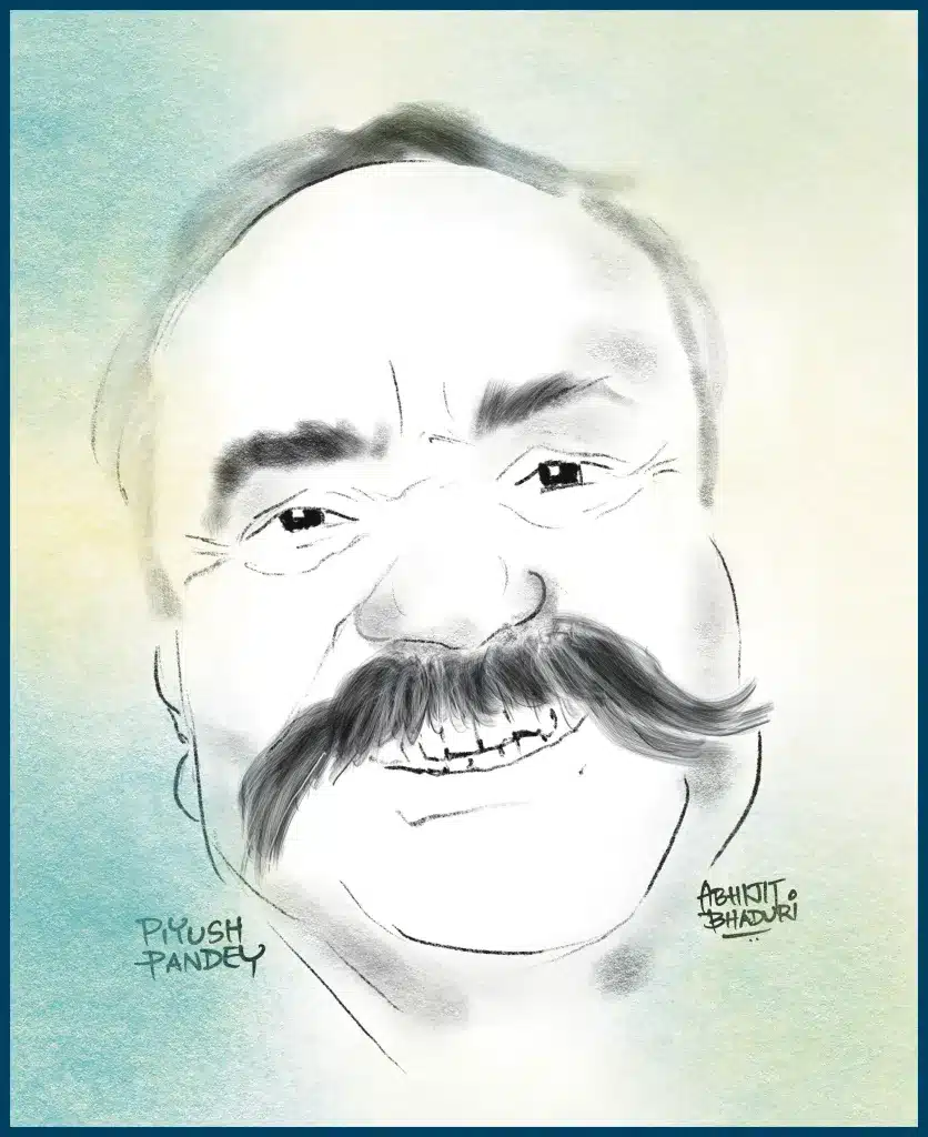 Illustration of Plyush Pandey smiling with a prominent mustache, capturing the essence of Piyush “Pandeymonium” in a warm, personal style.