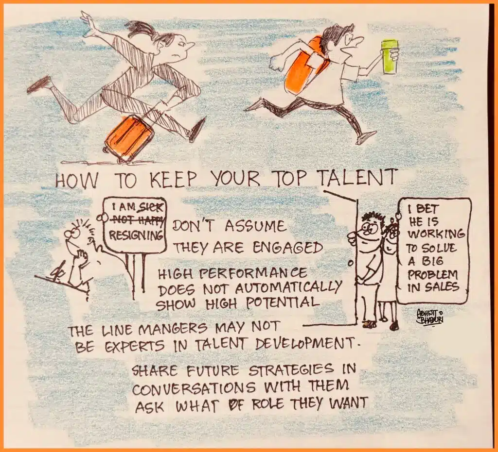 Cartoon illustrating how to manage top talent. Tips include engagement, redefining high potential for the AI era, and future strategy discussions.