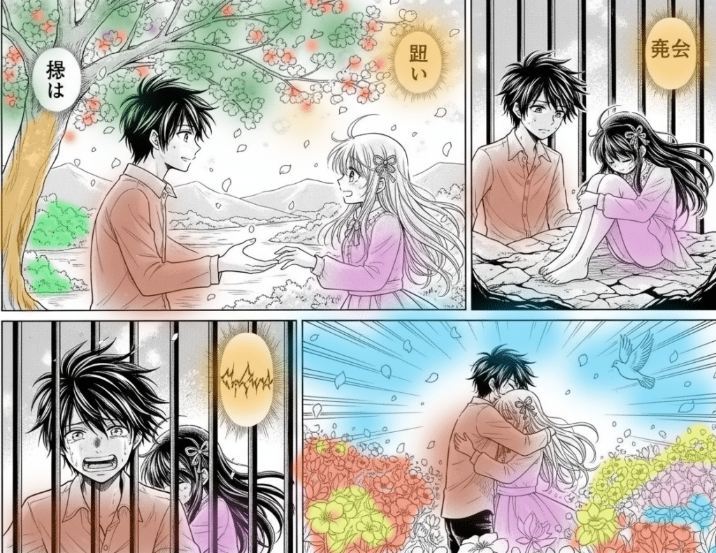 Manga scene illustrating emotional connections and transformations; perfect for learning to think like a filmmaker in L&D to captivate and engage.