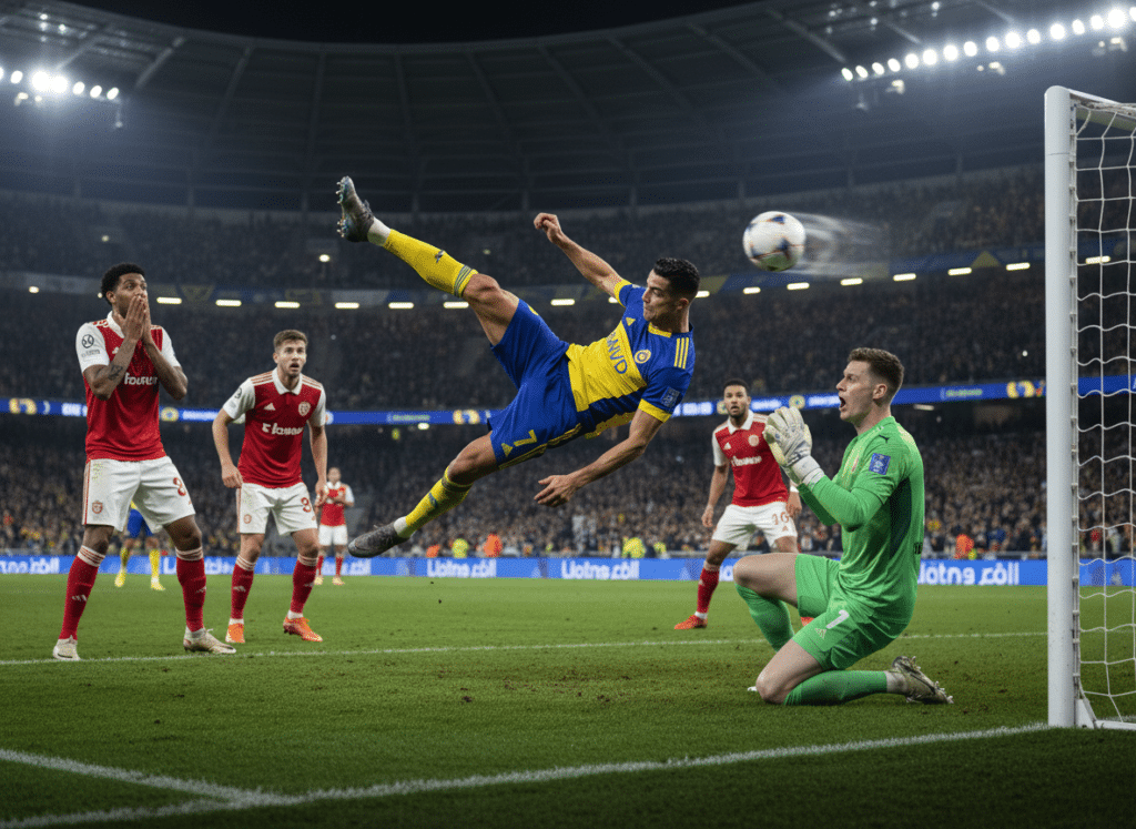 Dynamic soccer action as a player executes a stunning overhead kick, redefining high potential for the AI era in this electrifying stadium moment.