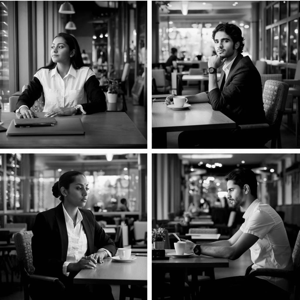 Four people sit solo in a cafe, lost in thought. They're part of 100 million feeling lonely in a busy world. Moments captured in black and white.