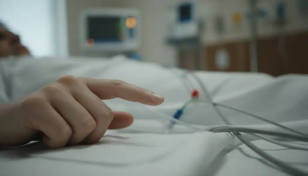 Close-up of a hand with medical wires, symbolizing resilience. Inspired by "From Garage to Coma to Global: Sumer Datta’s Journey" story.