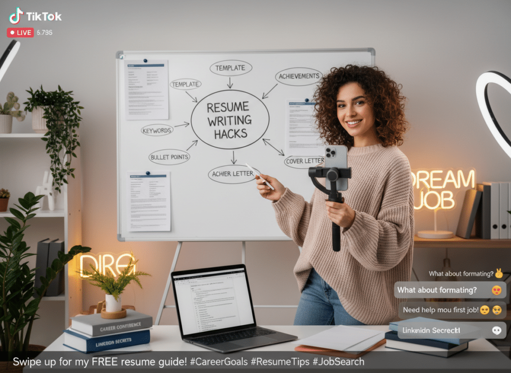 Smiling woman shares resume writing hacks on a whiteboard in a cozy home office. Perfect for those seeking tips on L&D that wins attention.