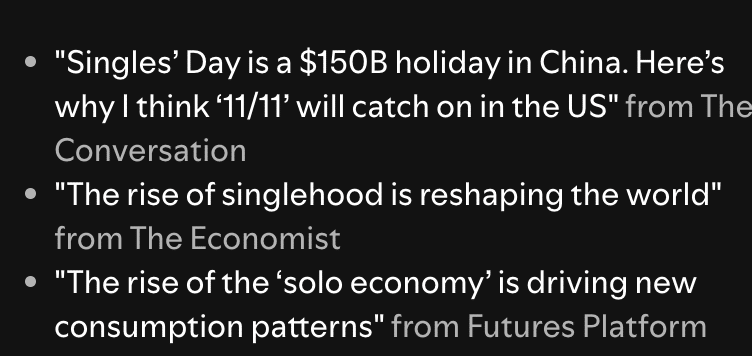 List of articles on Singles' Day, singlehood trends, and the solo economy reshaping consumption for 100 million.