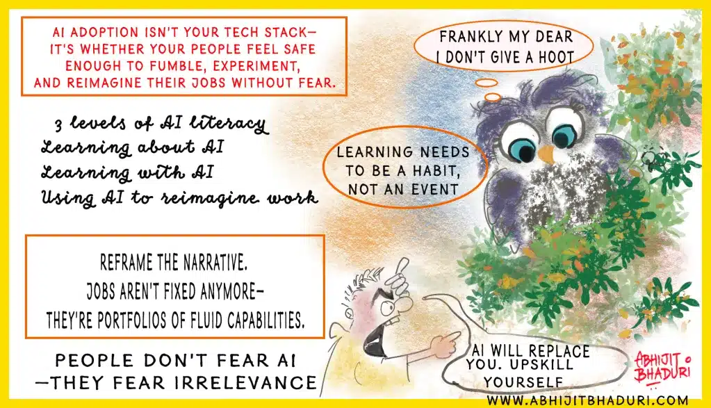 Cartoon illustrating AI adoption challenges, highlighting that 70% of companies train on AI but only 19% see results; emphasizes learning as a habit.