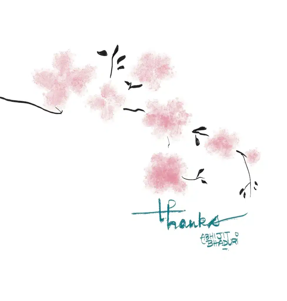 Delicate pink blossoms on a branch with "Thanks" signed by Abhijit Bhaduri. A warm tribute, remembering Piyush "Pandeymonium".