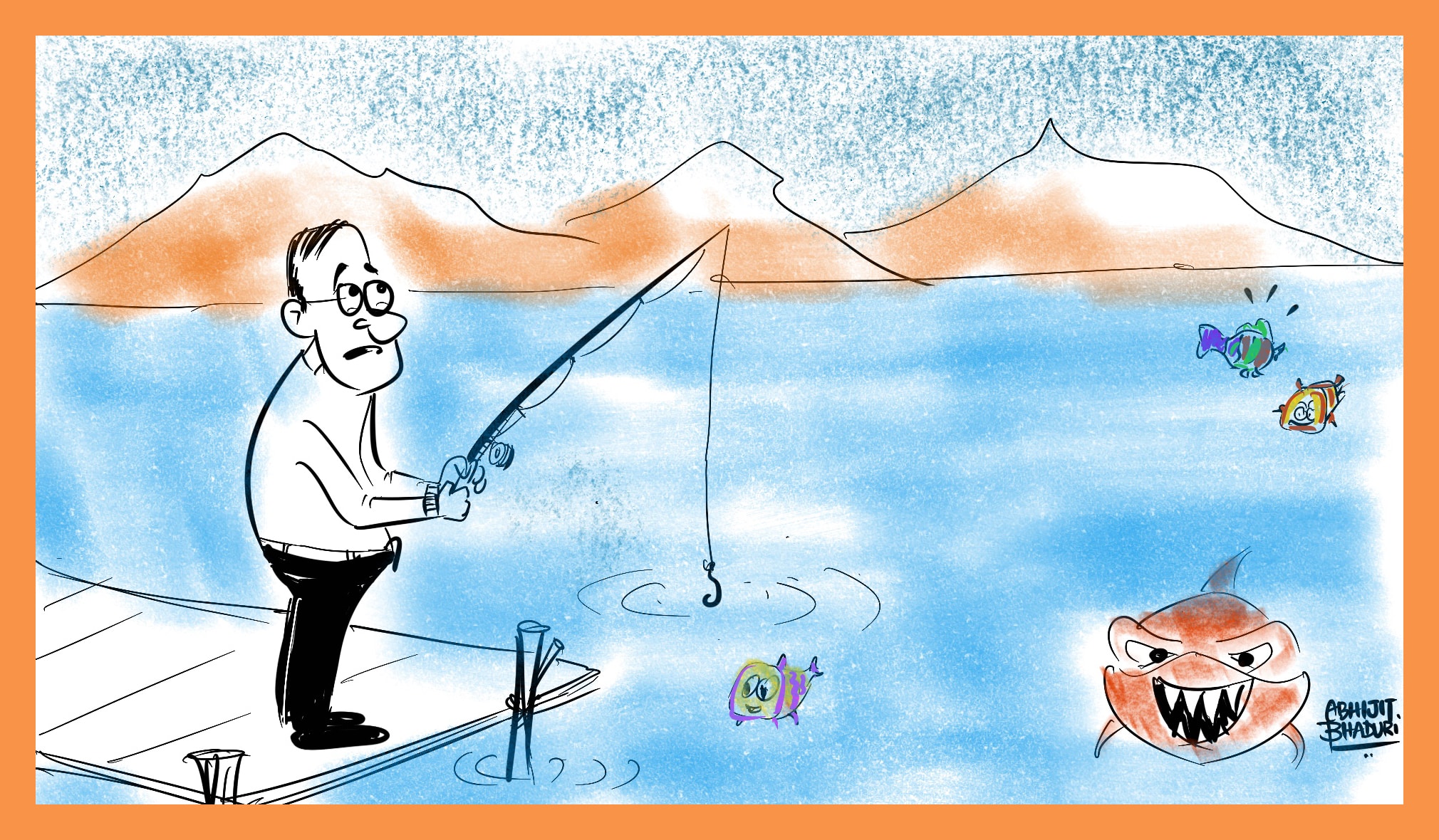 Cartoon of a man fishing from a dock; colorful fish and a menacing big fish symbolize "The CEO Succession Trap" in leadership challenges.