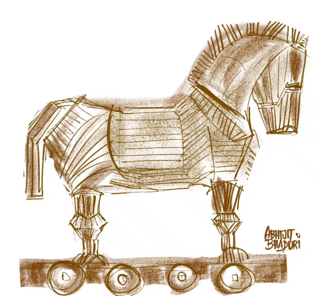 Drawing of a Trojan horse, illustrating strategic storytelling in "Think Like a Filmmaker: L&D That Wins Attention." Warm artistic style.